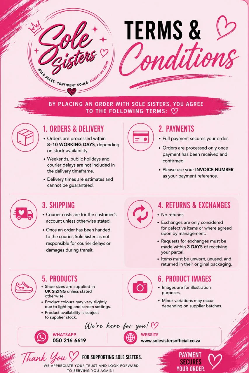 SoleSisters Terms & Conditions: orders and delivery, payments, shipping, returns and exchanges, products, and product images. The full text is repeated below this image.